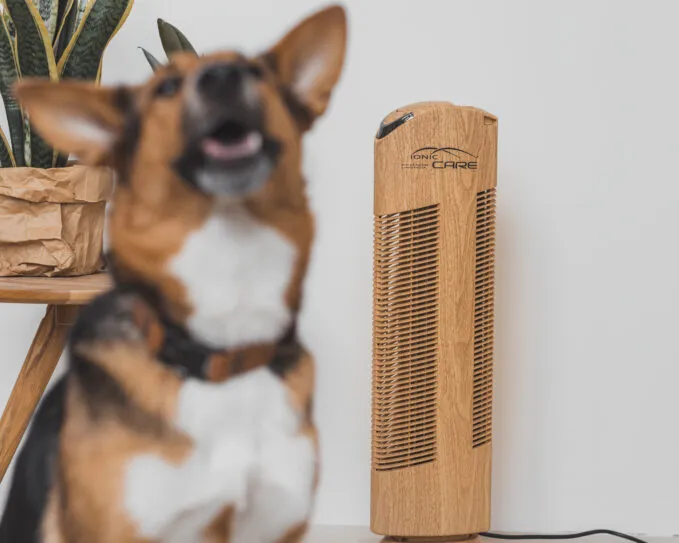 Čistička vzduchu Ionic-CARE v interiéru s rostlinou a psem, dekor dřevo dub