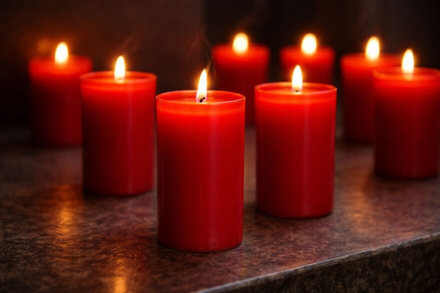 Hořící hřbitovní svíčky v interiéru.