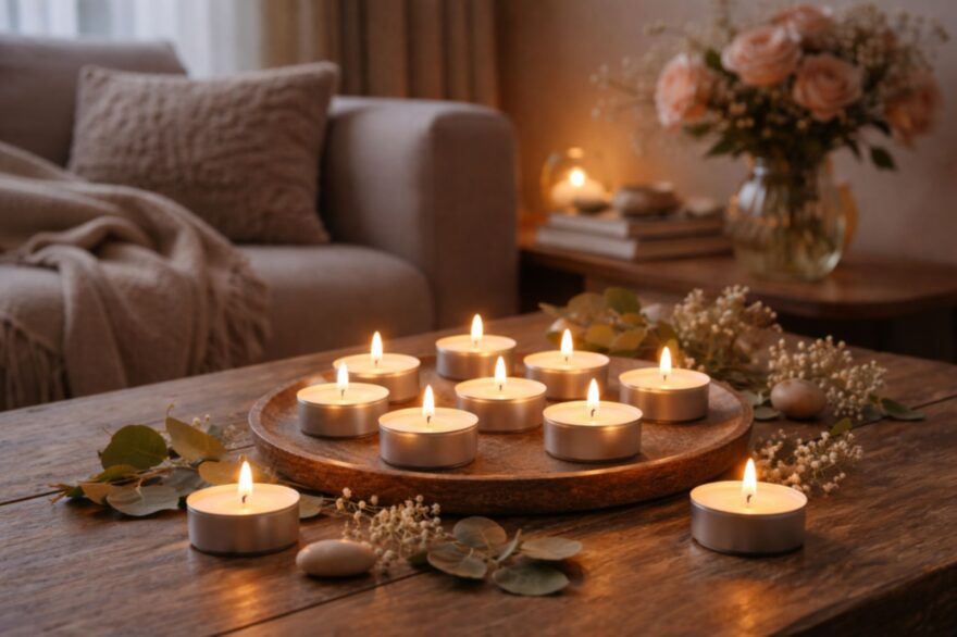 Hořící čajové svíčky na stole.