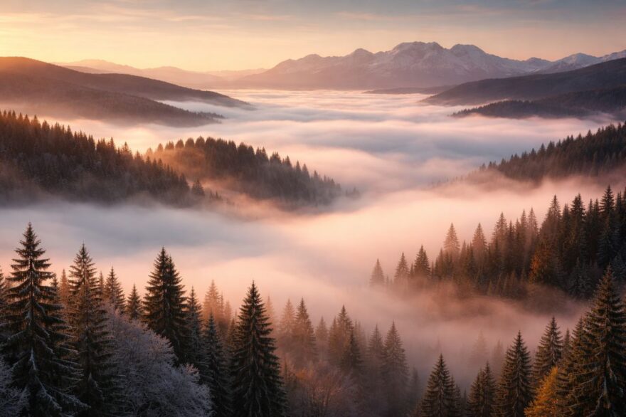 Teplotní inverze nad lesem při vycházejícím slunci.