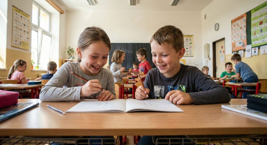 Děti ve školní lavici v přirozeném prostředí, kde budují imunitu.
