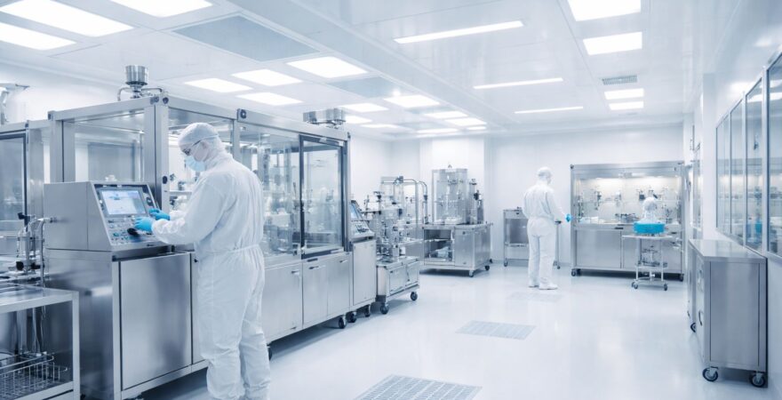 Lidé pracující v laboratoři ve sterilním prostředí.