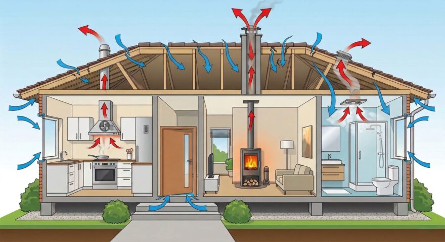 Infografika domu, ve kterém se vyměňuje znečištěný vzduch pomocí spotřebičů a netěsnostmi.