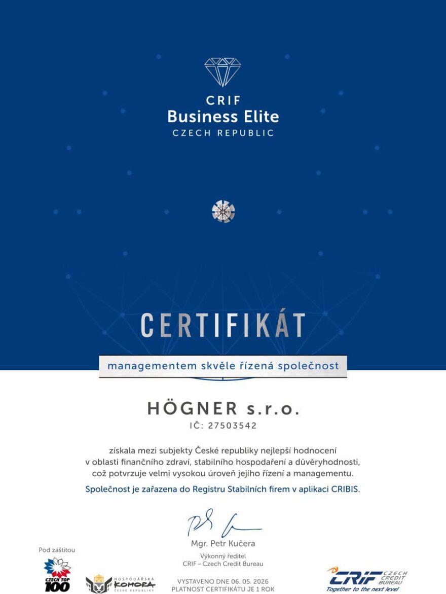Certifikát CRIF Business Elite pro prodejce Ionic-CARE firmy HÖGNER s.r.o.